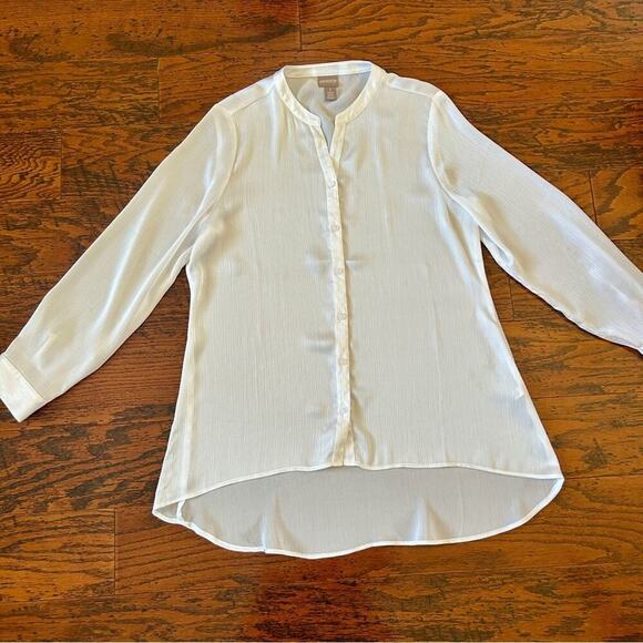 Chico's Long Sleeve Band Collar Crinkle Tunic w/High Low Hem in White Medium - Picture 1 of 13